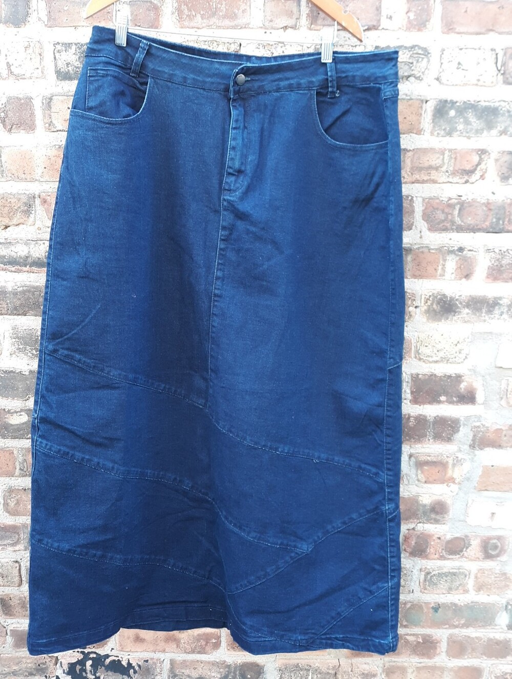 Nina Rossi Denim Maxi Skirt 3XL Plus Size Blue Cotton Stretch Tiered Seam Boho